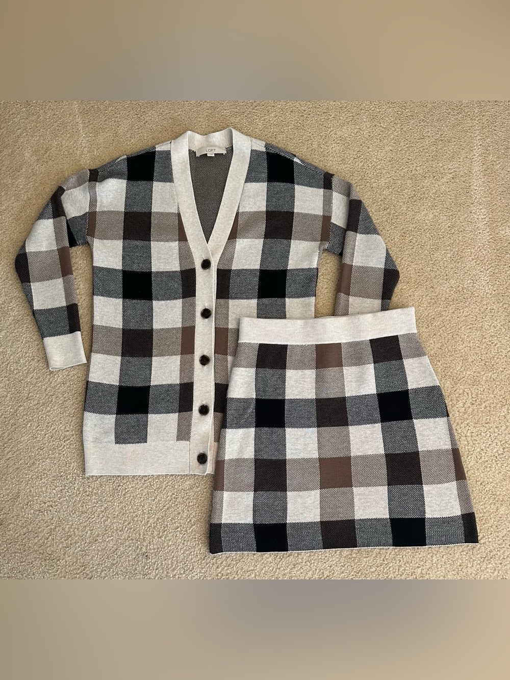 LOFT Plaid Knit Cardigan & Skirt Set in Cream, Black, Brown